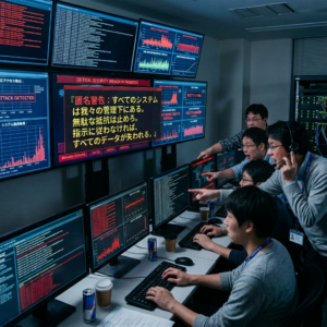 Cybersecurity experts monitoring multiple screens displaying critical security breach alerts and data