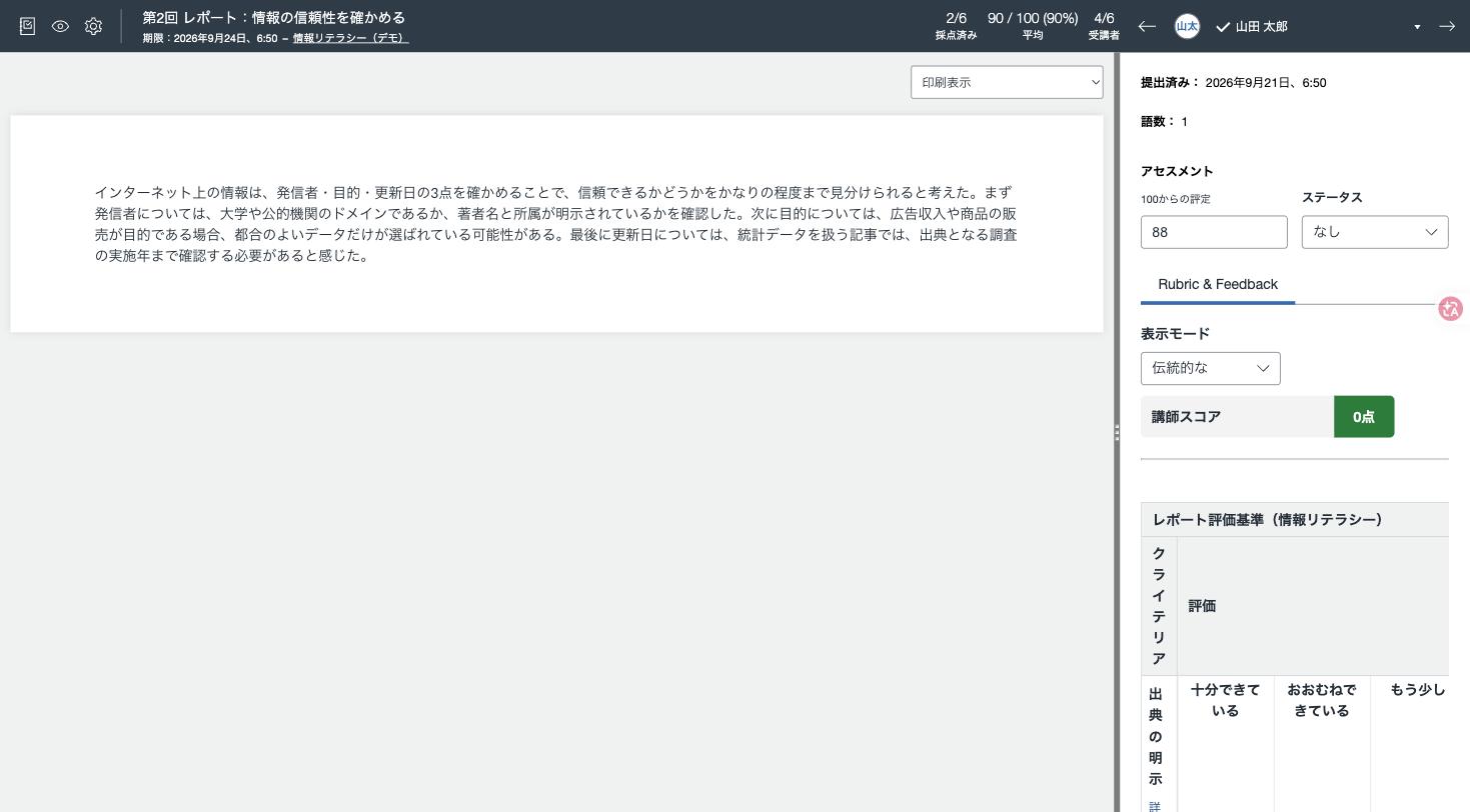 Canvas LMS の SpeedGrader でレポートを採点している画面